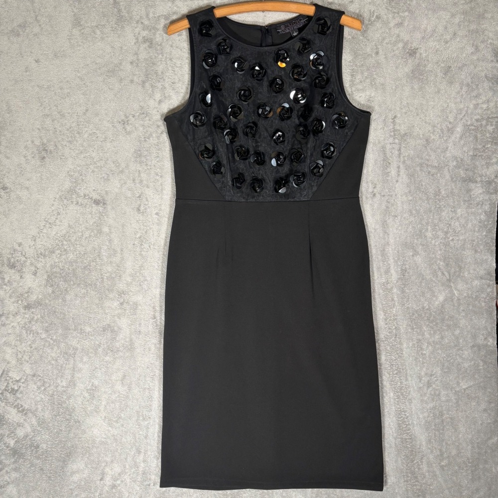 Studio Badgley Mischka Black Sequin Rosette Sheath Dress Sleeveless L Appliques